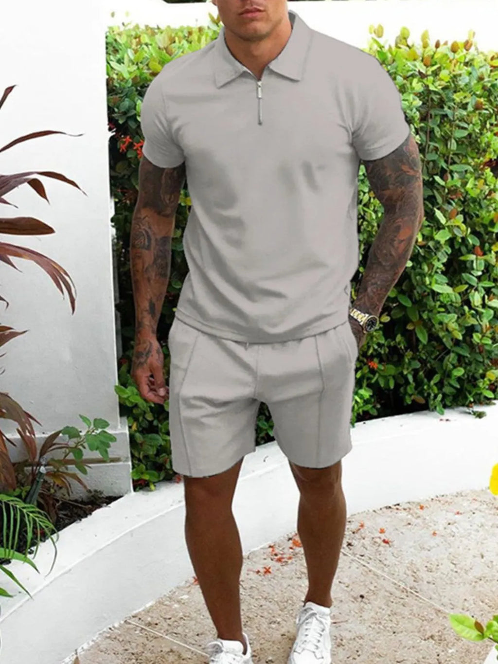 Collared Neck Short Sleeve Top and Shorts Set Plus Size in Black for Men