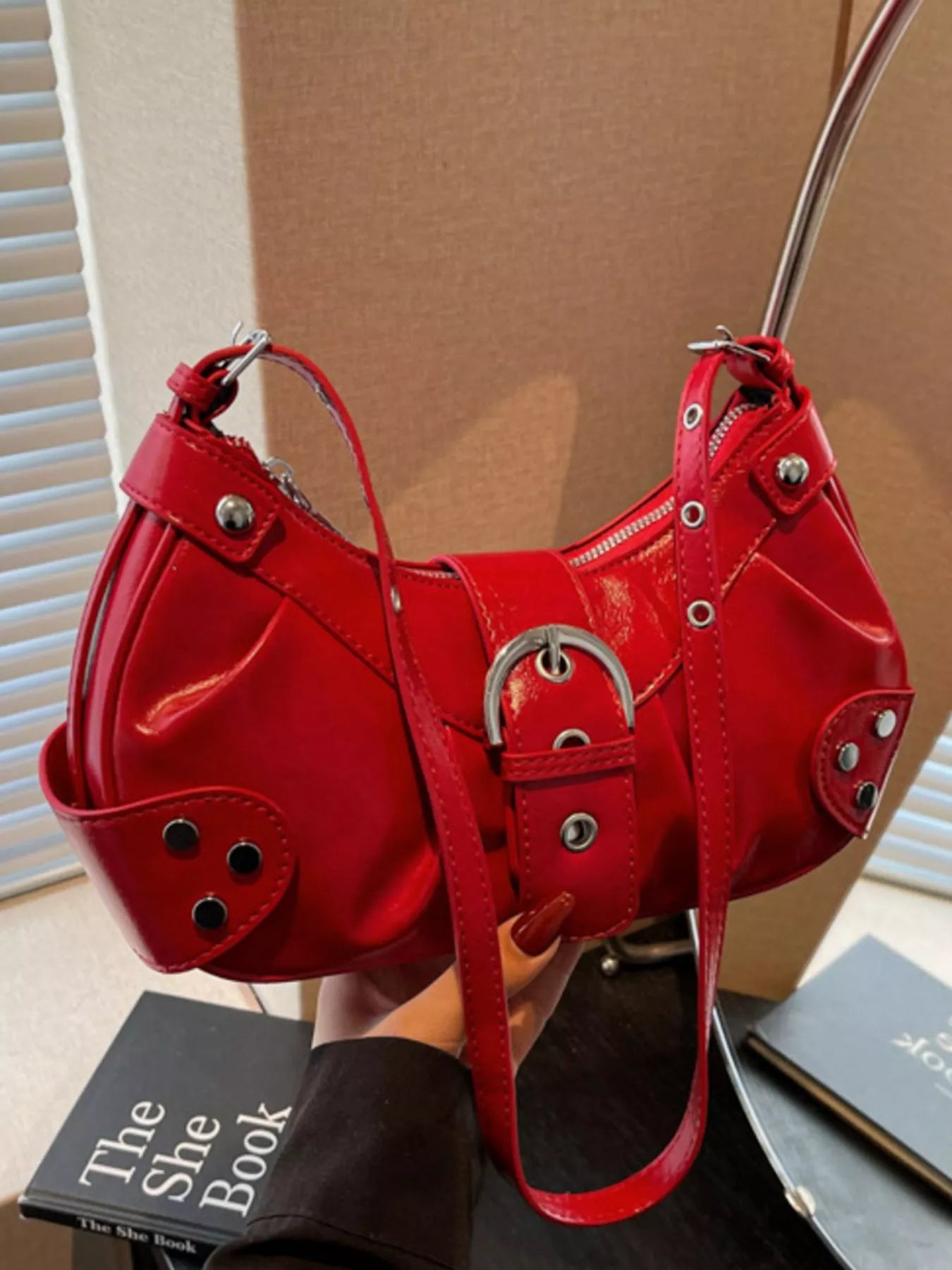 Studded Buckle Shoulder Bag for Women