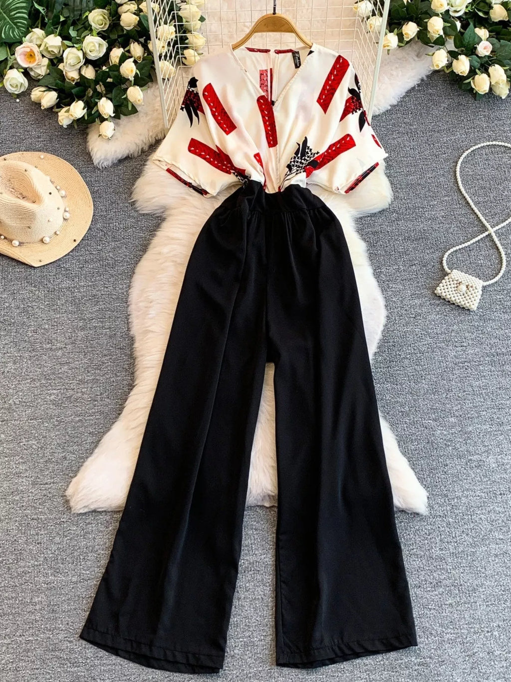 White Printed Wide Leg Jumpsuit in White for Women