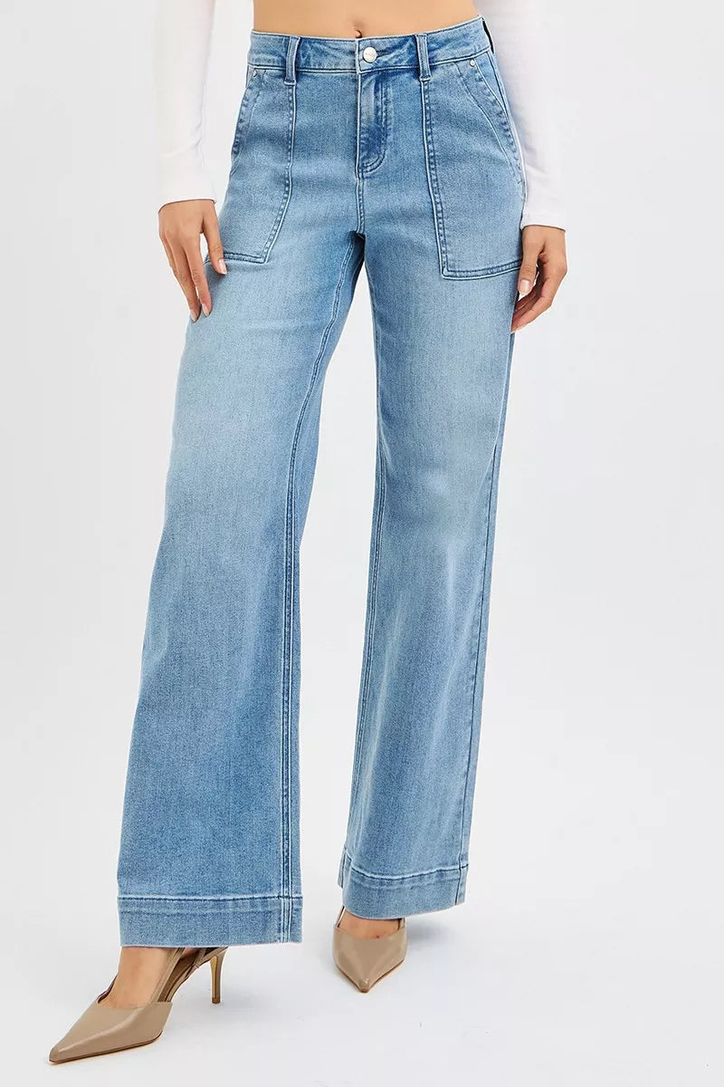 High Rise Straight Leg Jeans with Front Pockets Plus Size in Medium for Women