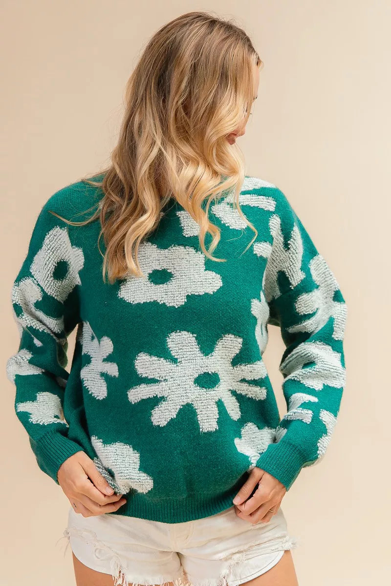 Flower Pattern Long Sleeves Sweater Top for Women