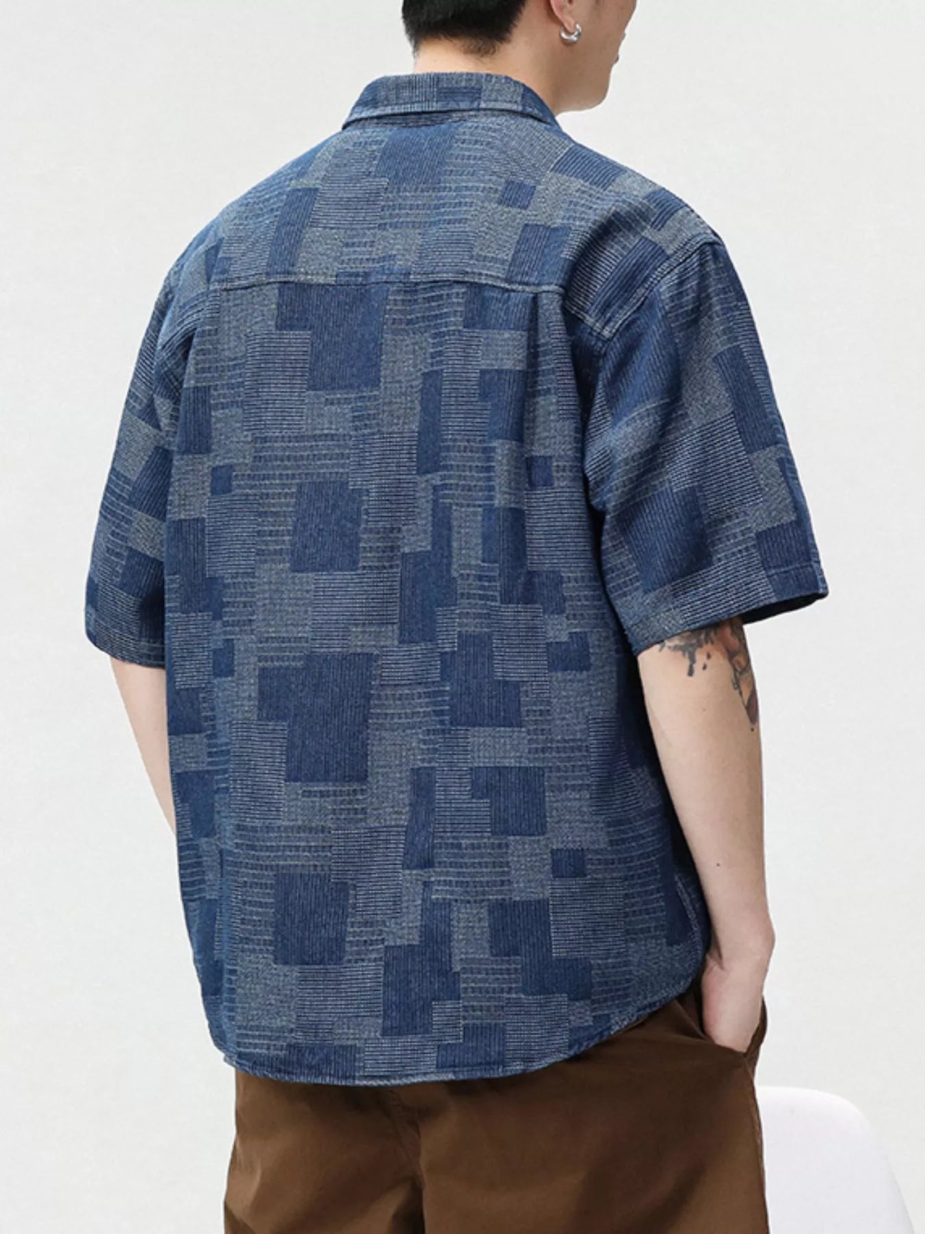 Plus Size Plaid Short Sleeve Shirt in Dusty Blue for Men