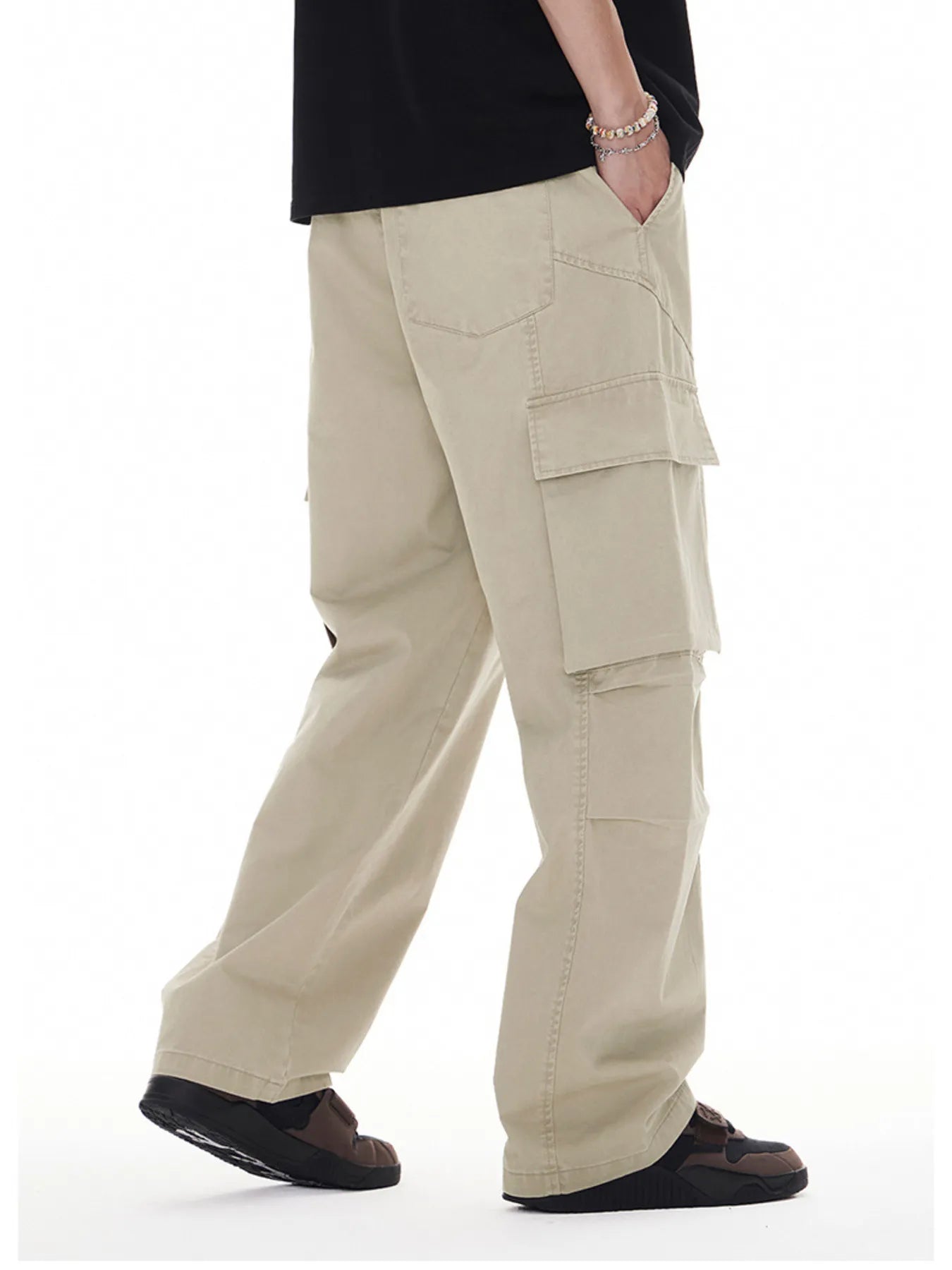 Plus Size Wide Leg Cargo Drawstring Pants in Black for Men