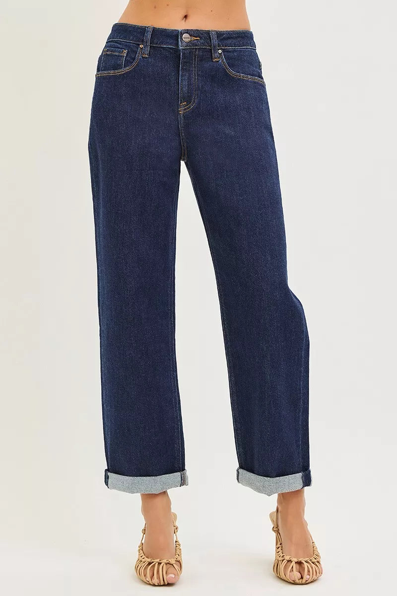 Slouchy Cropped Boyfriend Jeans with Cuffed Hem in Solid Dark for Women