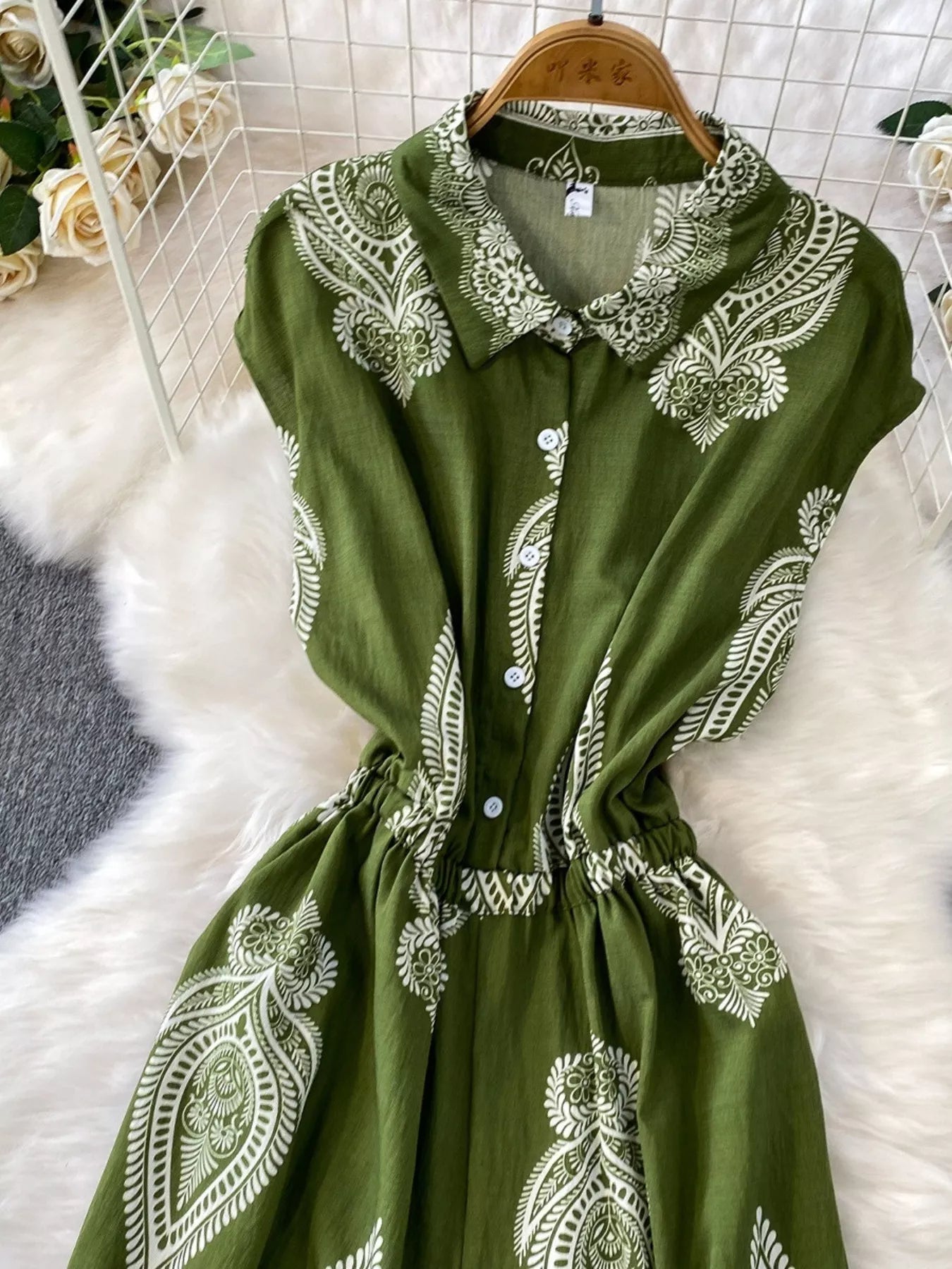 Green Button Front Wide Leg Jumpsuit in Black for Women
