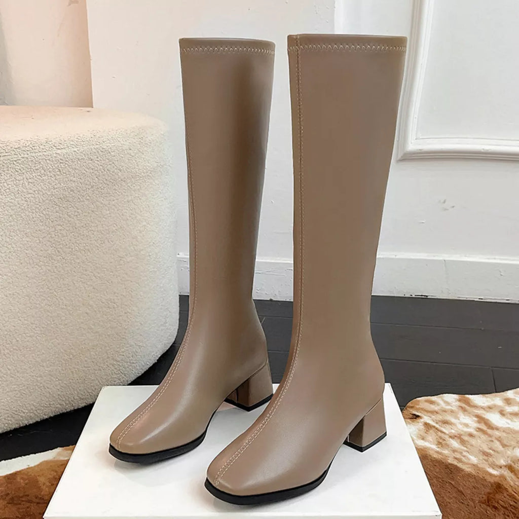 Square Toe Block Heels Boots in Off-White for Women