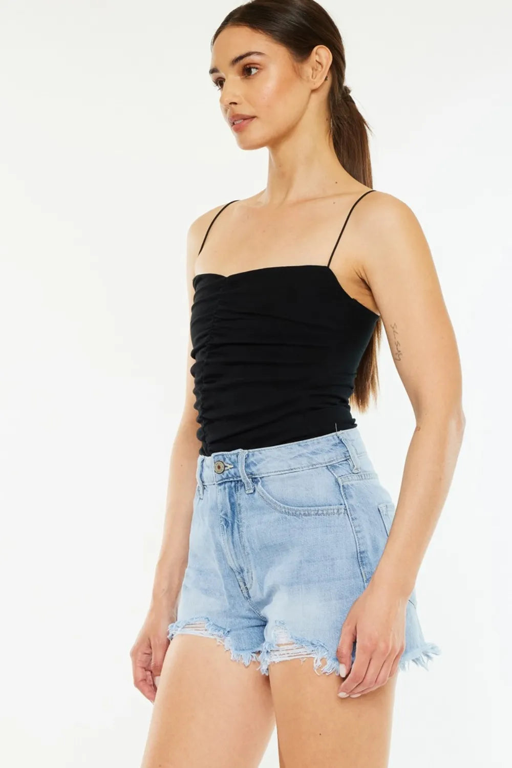 Raw Hem Distressed High Waist Denim Shorts in Light for Women