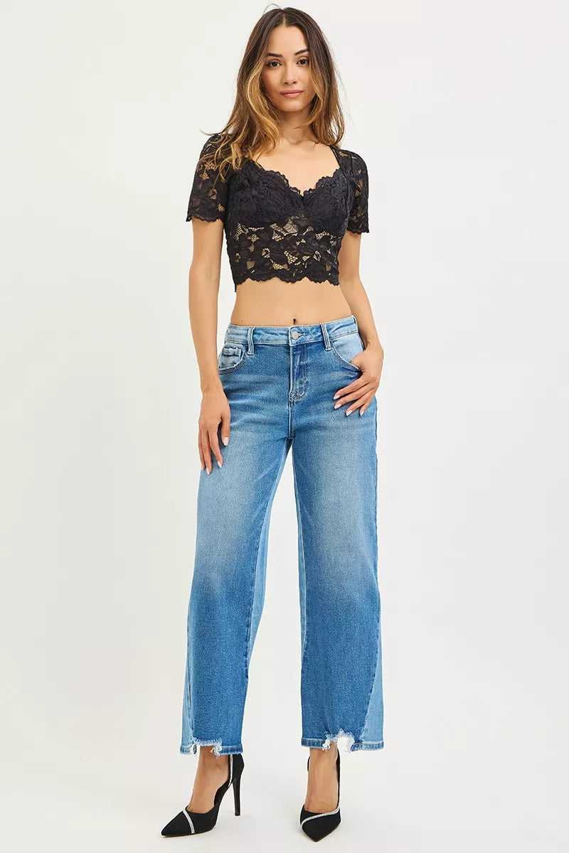 Slouchy Cropped Barrel Jeans with Contrast Wash Plus Size in Dark Combo for Women