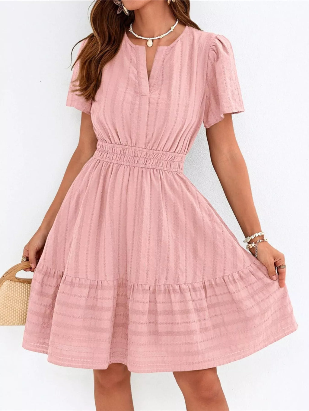 Short Sleeve Smocked Waist Tiered Dress in Army Green for Women