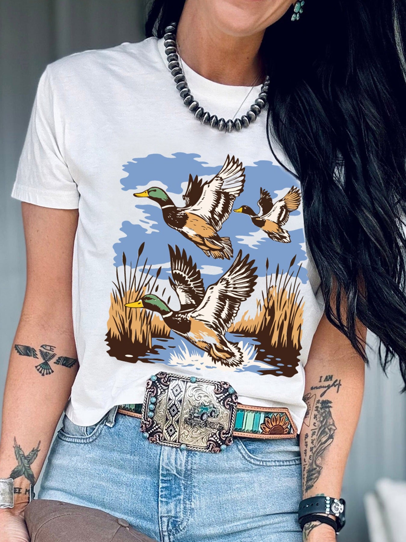 Wild Duck Graphic Round Neck Tee in White for Women
