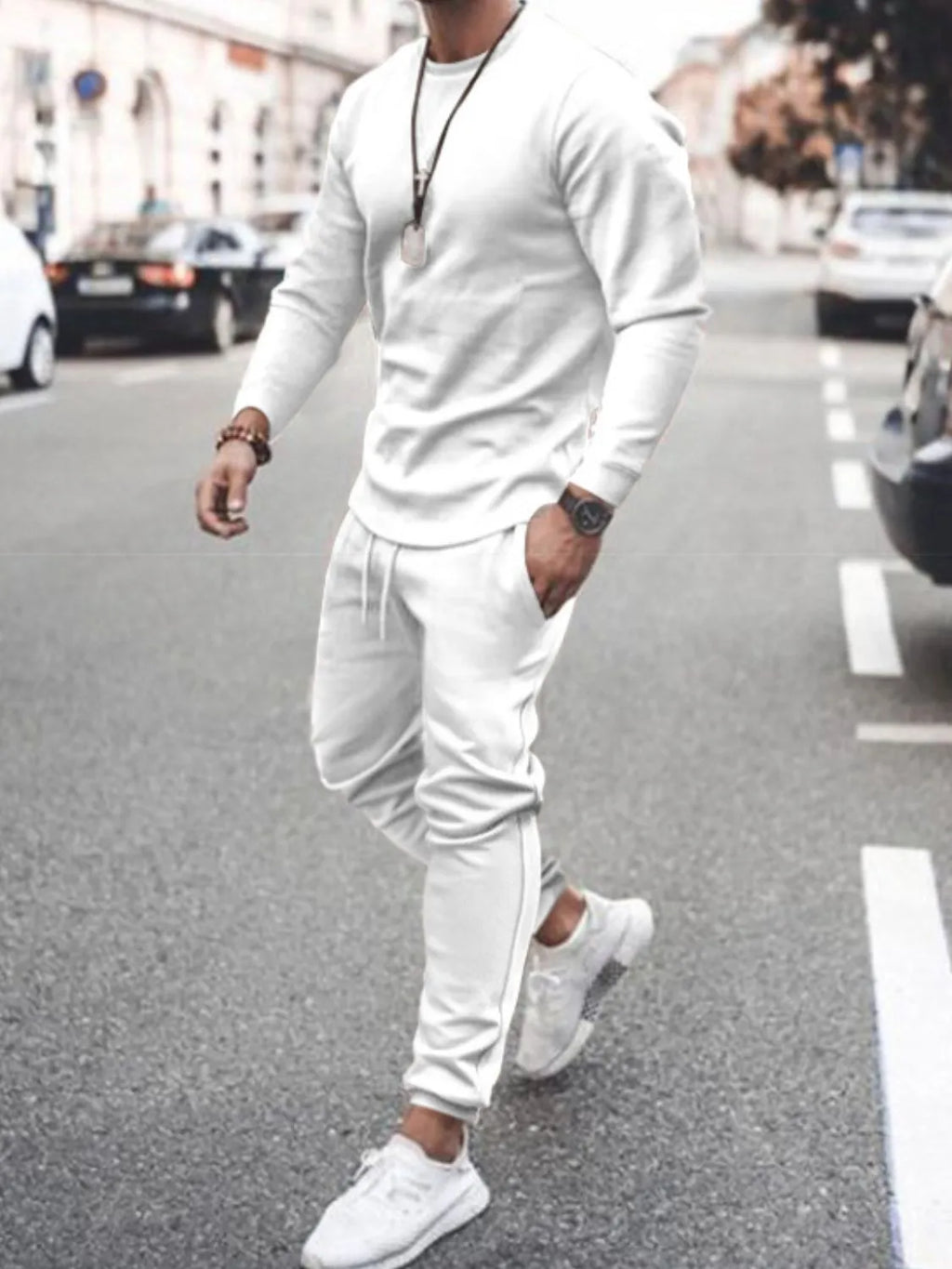 Round Neck Long Sleeve Top and Pants Set Plus Size in White for Men