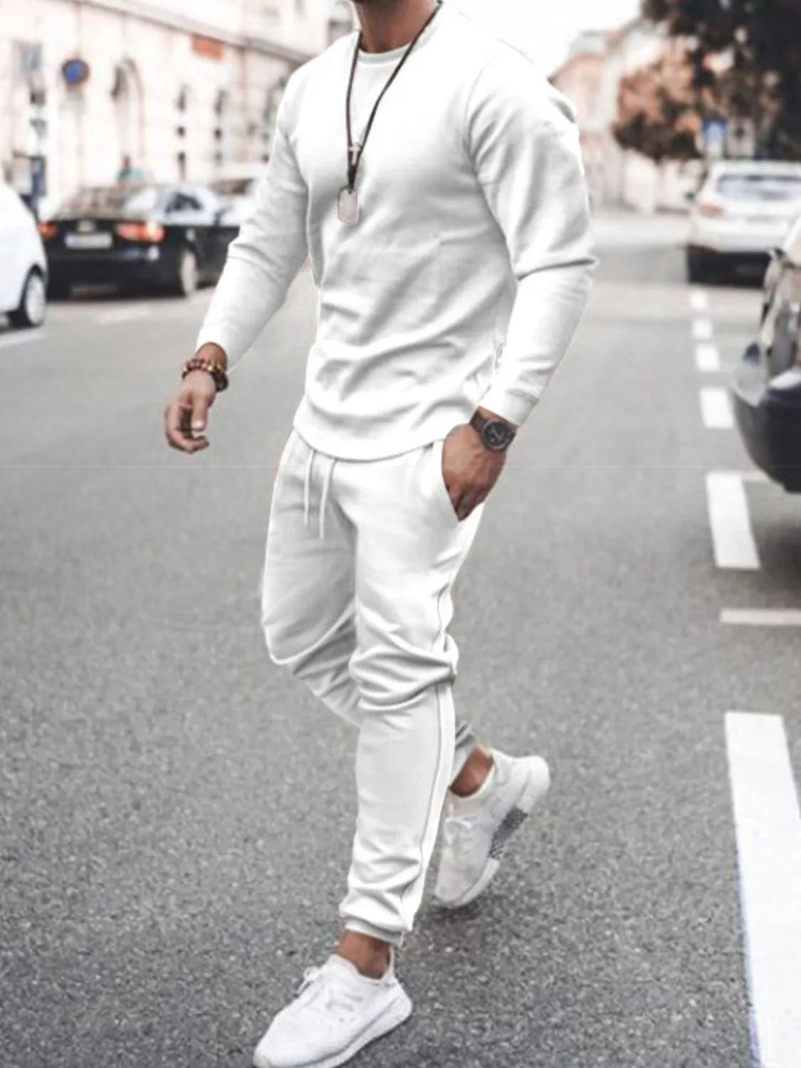 Round Neck Long Sleeve Top and Pants Set Plus Size in White for Men