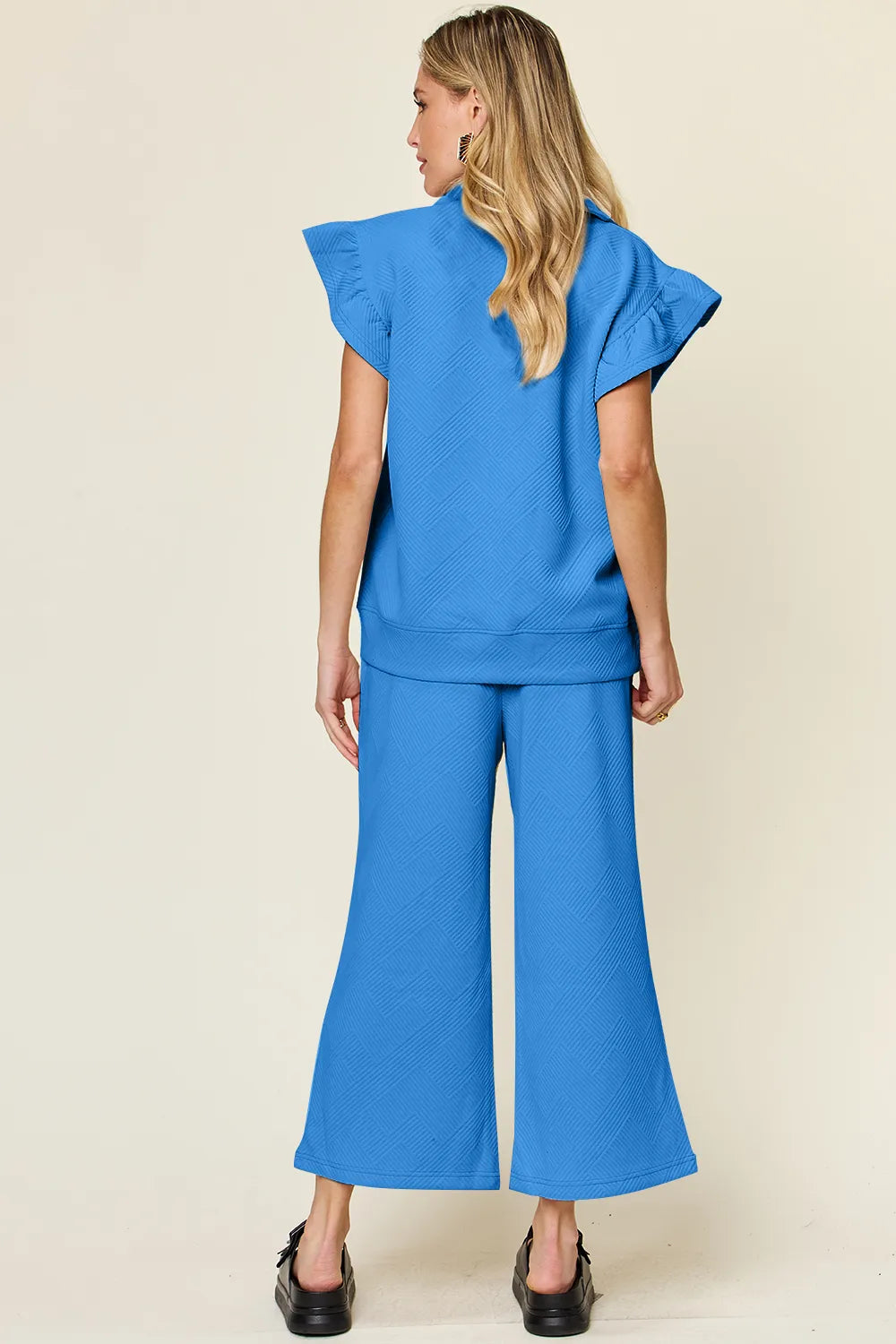 Texture Ruffle Short Sleeve Top and Drawstring Wide Leg Pants Set in Cerulean for Women
