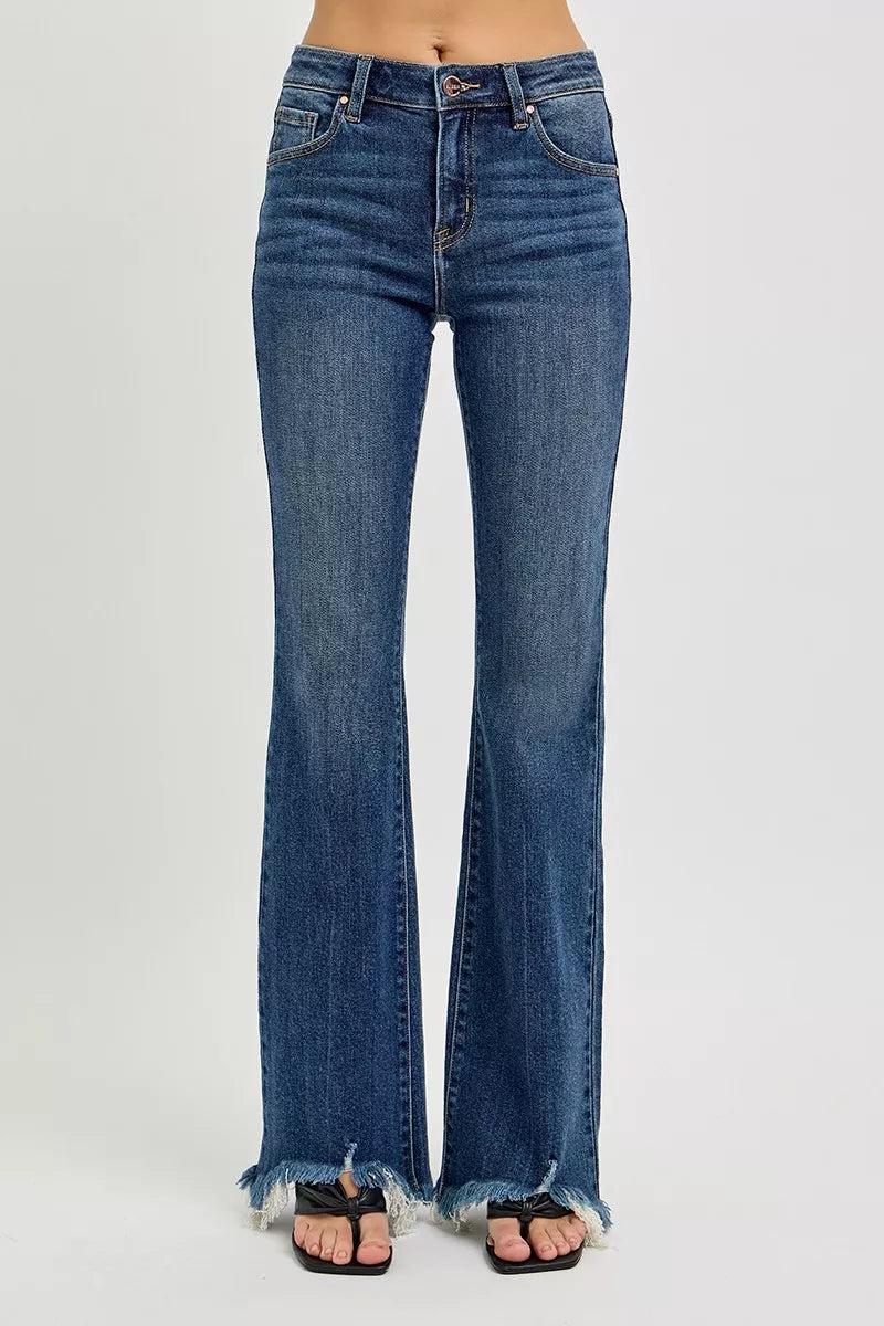 Mid Rise Flare Frayed Hem Jeans Plus Size in Dark for Women