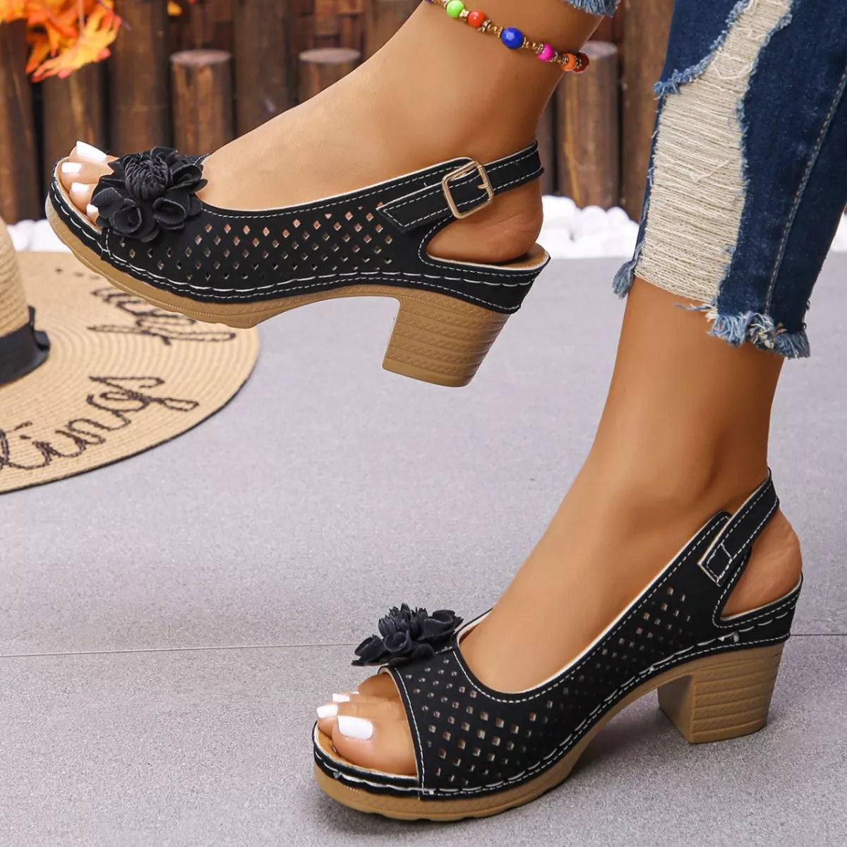 Floral Accent Block Heel Sandals in Brown for Women