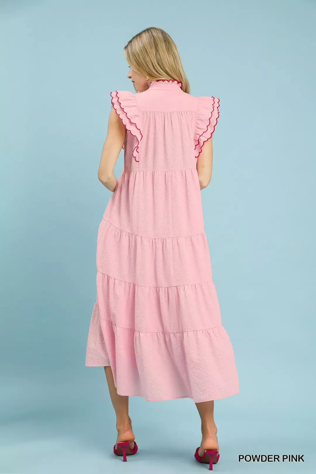 Seersucker Ruffle Sleeve Tiered Midi Dress in Powder Pink for Women