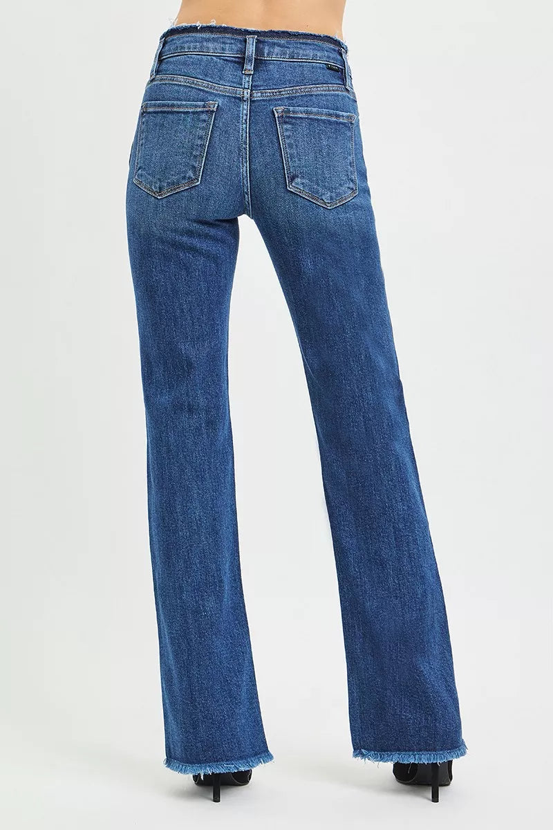 Mid Rise Bootcut Frayed Waistband Hem Detail Jeans Plus Size in Dark for Women