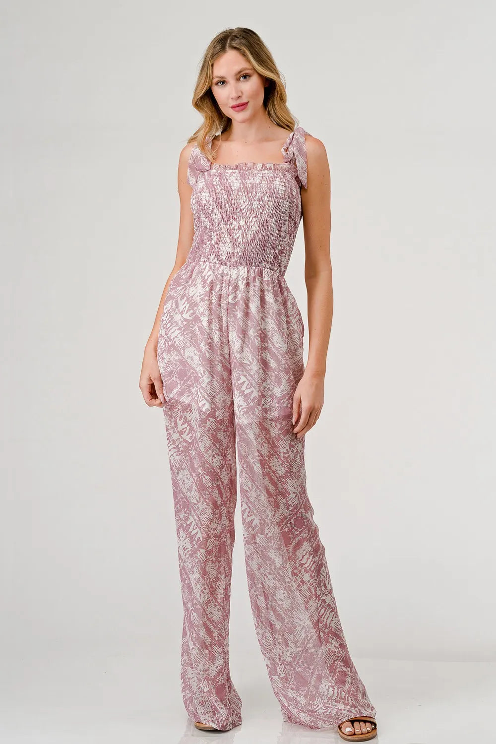 Printed Tie Shoulder Wide Leg Jumpsuit in Mauve for Women