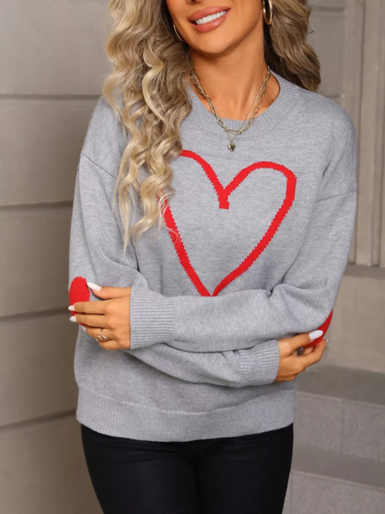 Valentines Day Heart Graphic Dropped Shoulder Sweater in Grey for Women