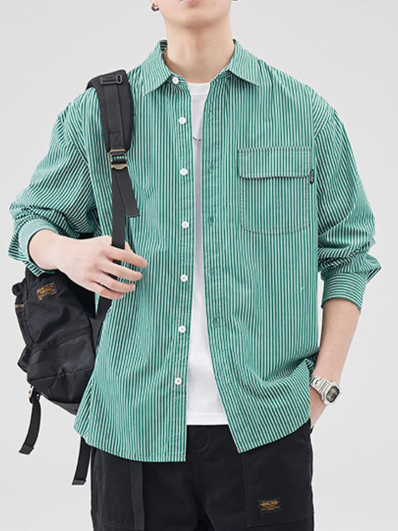Plus Size Striped Button Up Long Sleeve Shirt in Blue in Green for Men