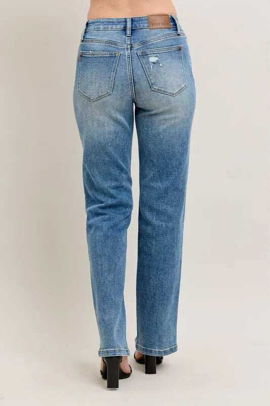 High Waist Vintage Wash Front Seam & Slit Straight Plus Size in Md for Women