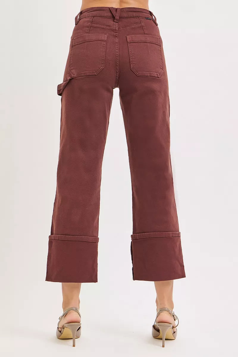 High Rise Wide Straight Cuffed Patch Jeans Plus Size in Choco Brown for Women