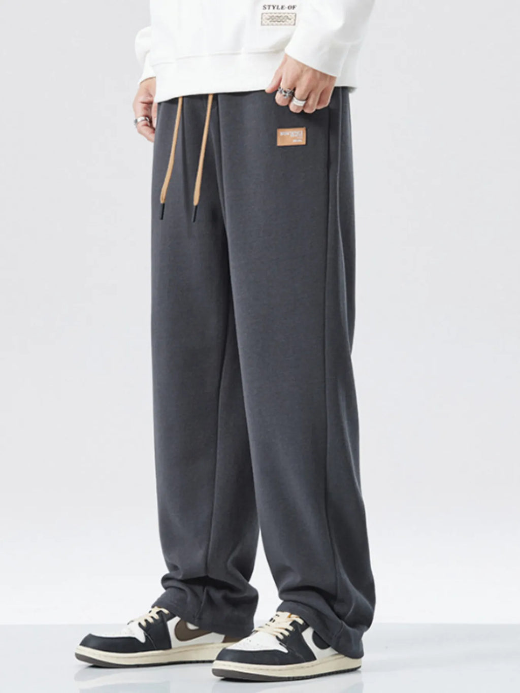 Drawstring Wide Leg Pants Plus Size in Relaxed in Black for Men