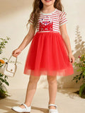 Striped Short Sleeve Tulle Dress in Red for Girls