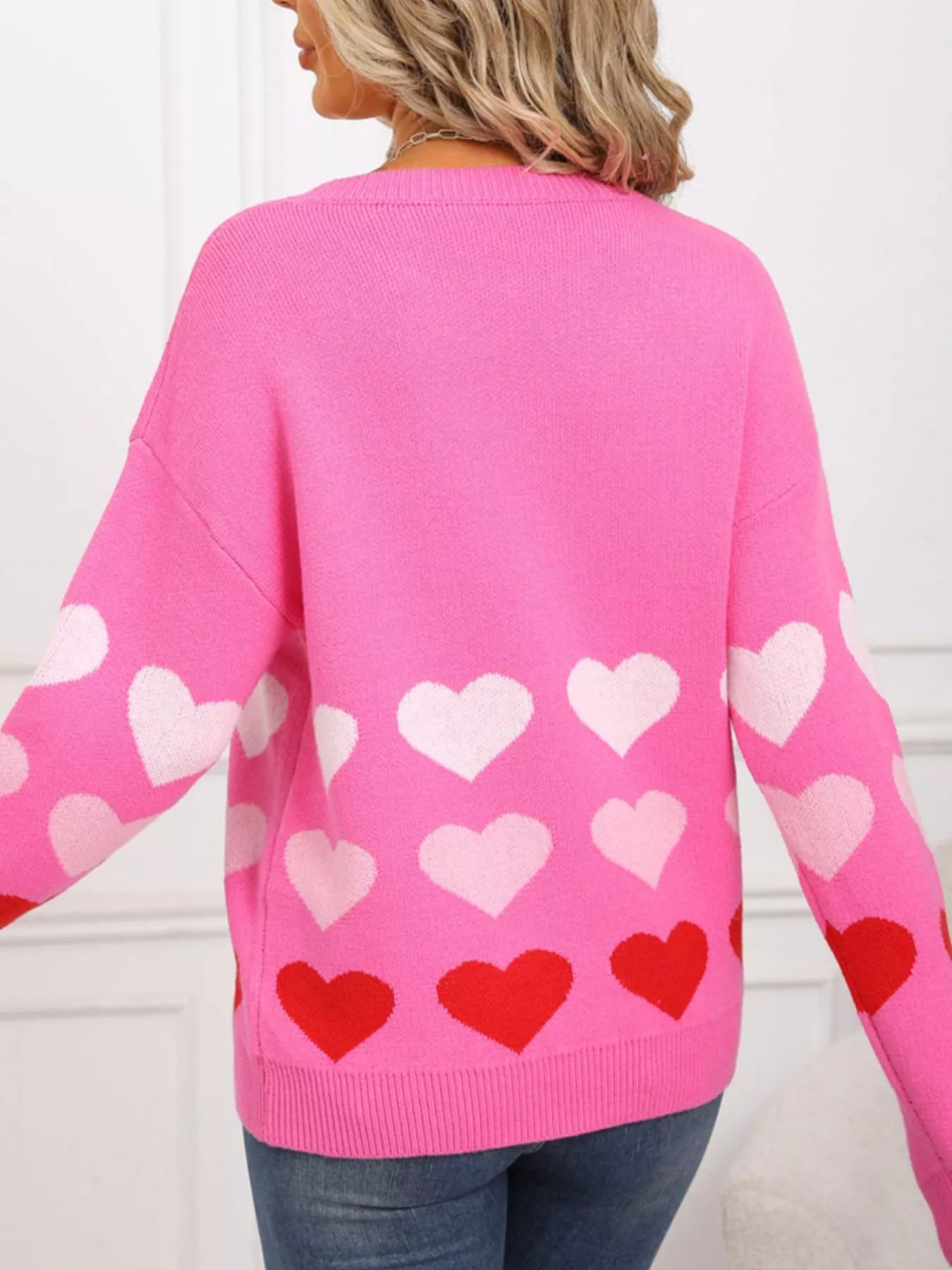 Valentines Day Heart Pattern Crew Neck Sweater in Black for Women