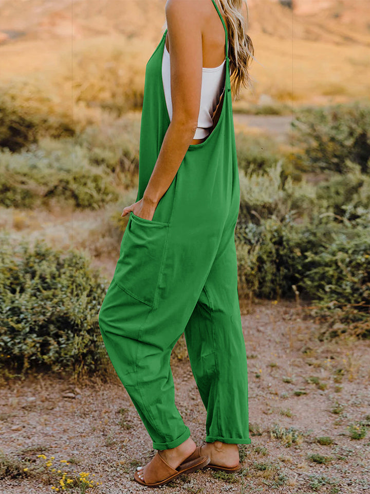 Plus Size Sleeveless V-Neck Pocketed Jumpsuit in Green for Women
