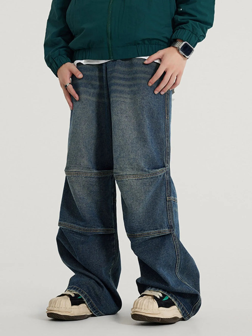Vintage Wide Leg Utility Jeans with Multi-Panel Design in Retro Blue for Men