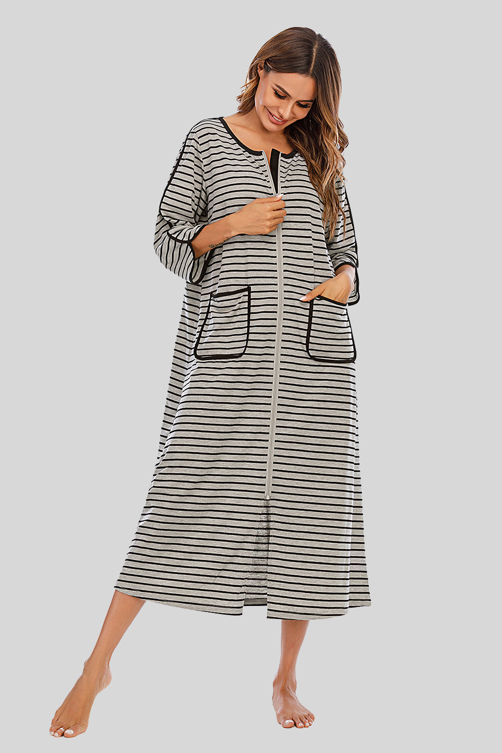 Round Neck Three-Quarter Sleeve Midi Night Dress in Charcoal for Women