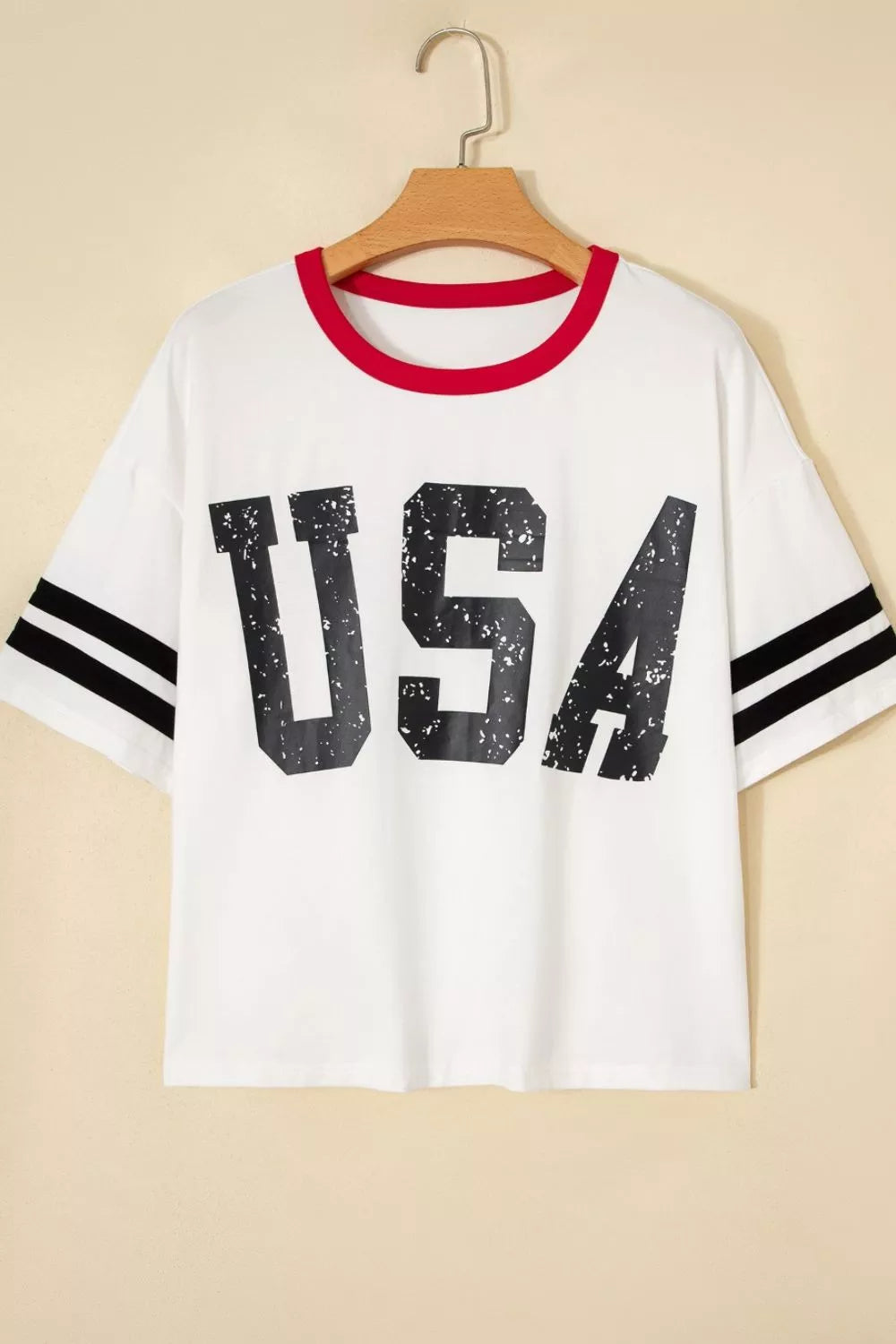 USA Letter Printed Varsity Striped Sleeve Round Neck Tee for Women