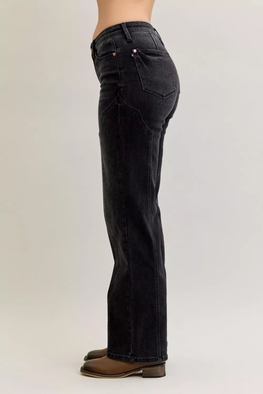 Mid Rise Straight Western Seam Detail Jeans in Bk for Women