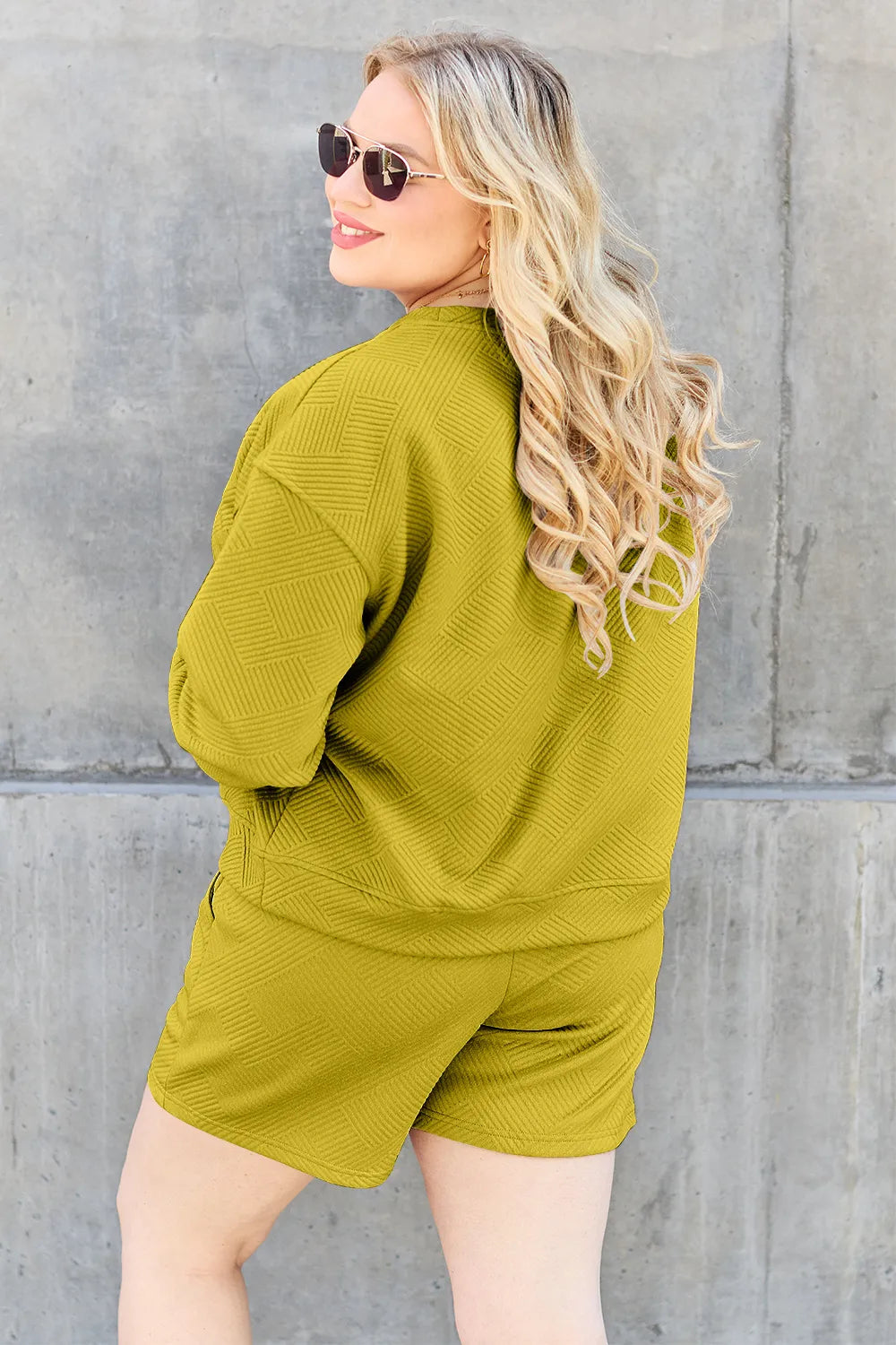 Plus Size Texture Long Sleeve Top and Drawstring Shorts Set in Tan for Women
