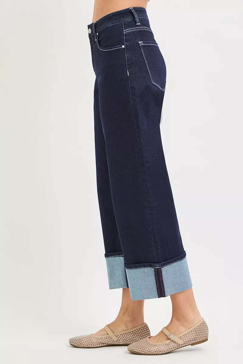 Slouchy Crop Barrel Cuffed Hem Jeans in Solid Dark for Women