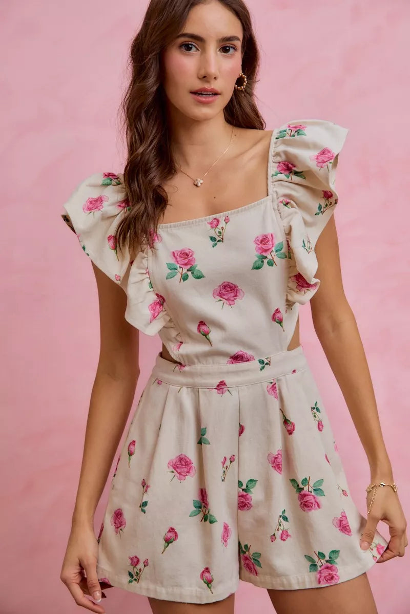 Floral Print Denim Cut Out Waist Ruffled Romper for Women