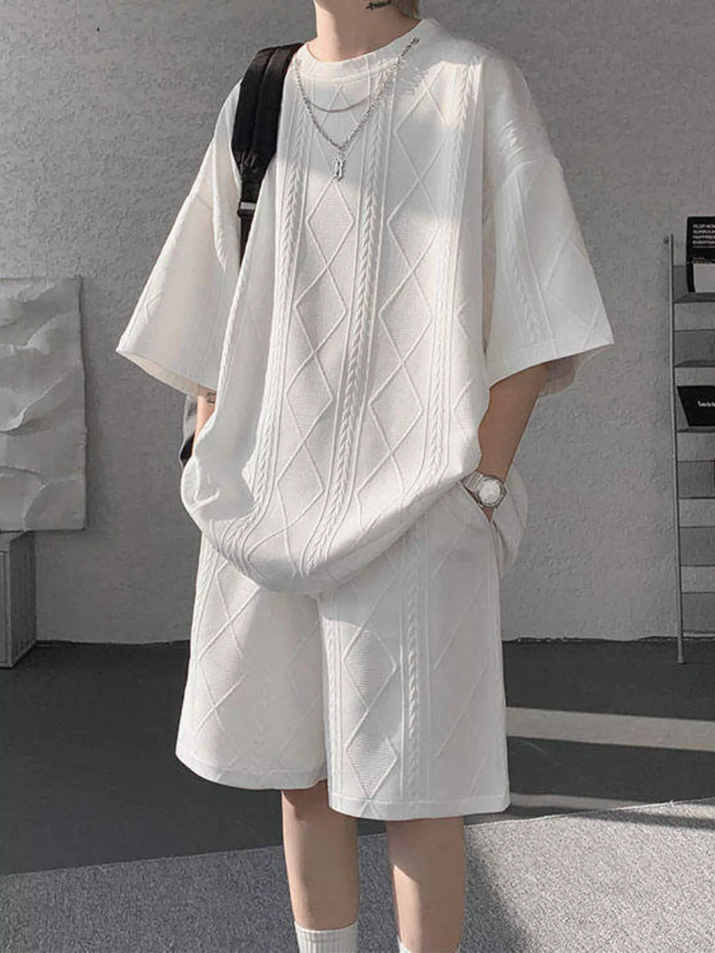 Plus Size Textured Relaxed Fit Top and Shorts Set in Apricot for Men