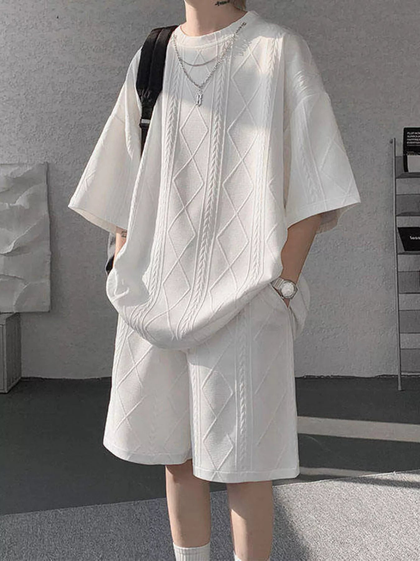 Plus Size Textured Relaxed Fit Top and Shorts Set in Apricot for Men