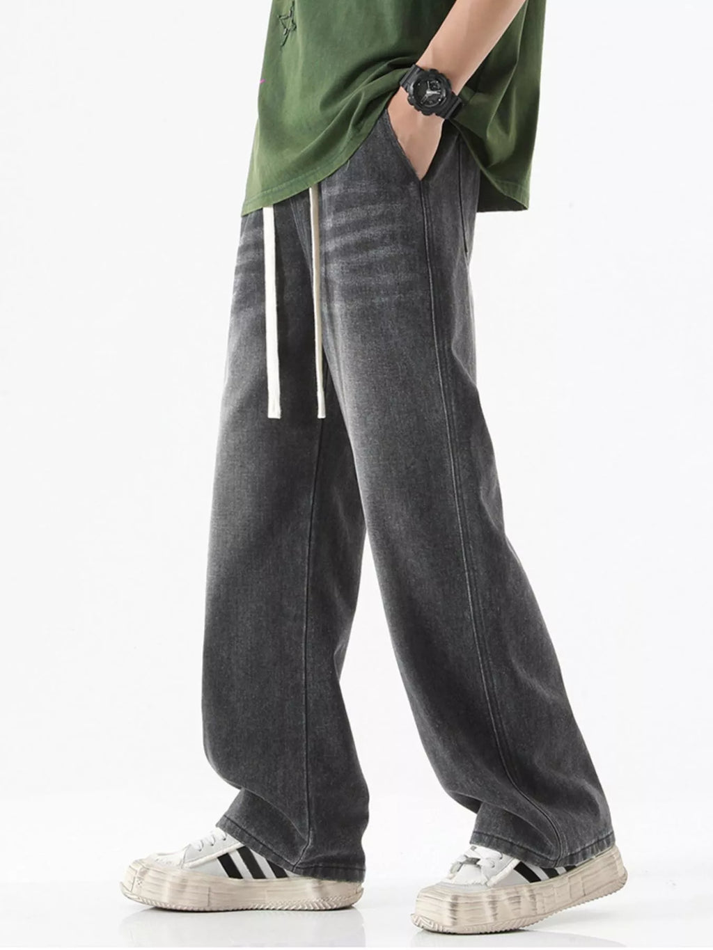 Drawstring Wash Wide Leg Jeans Plus Size in Light Blue for Men