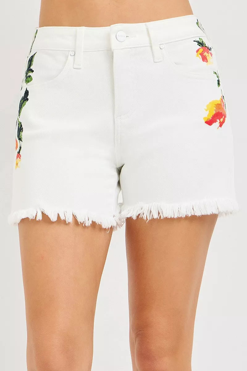 Tummy Control High Rise Flower Printed Shorts in White for Women