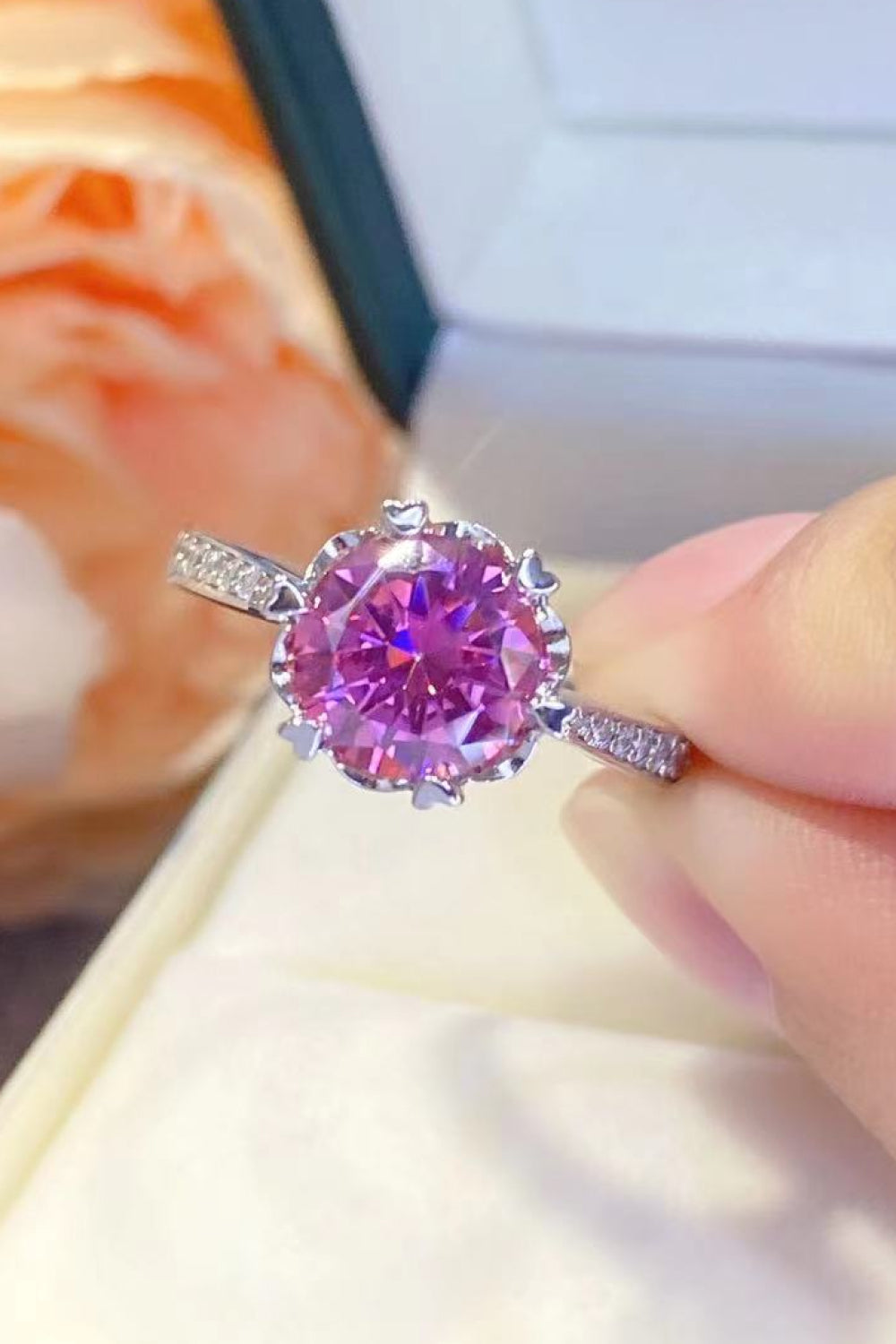 Shining for You 2 Carat Moissanite 925 Sterling Silver Ring in Pink for Women