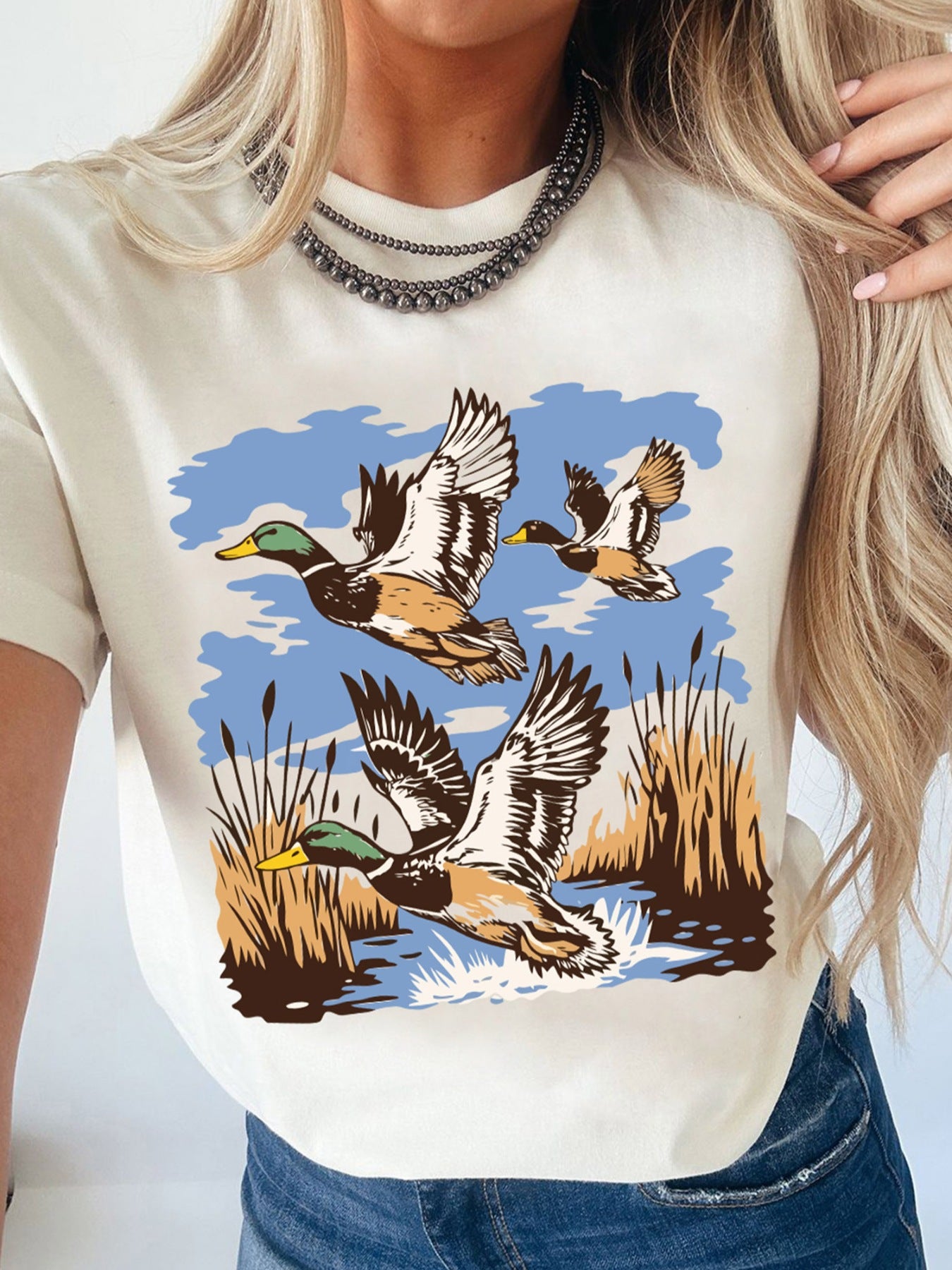 Wild Duck Graphic Round Neck Tee for Women