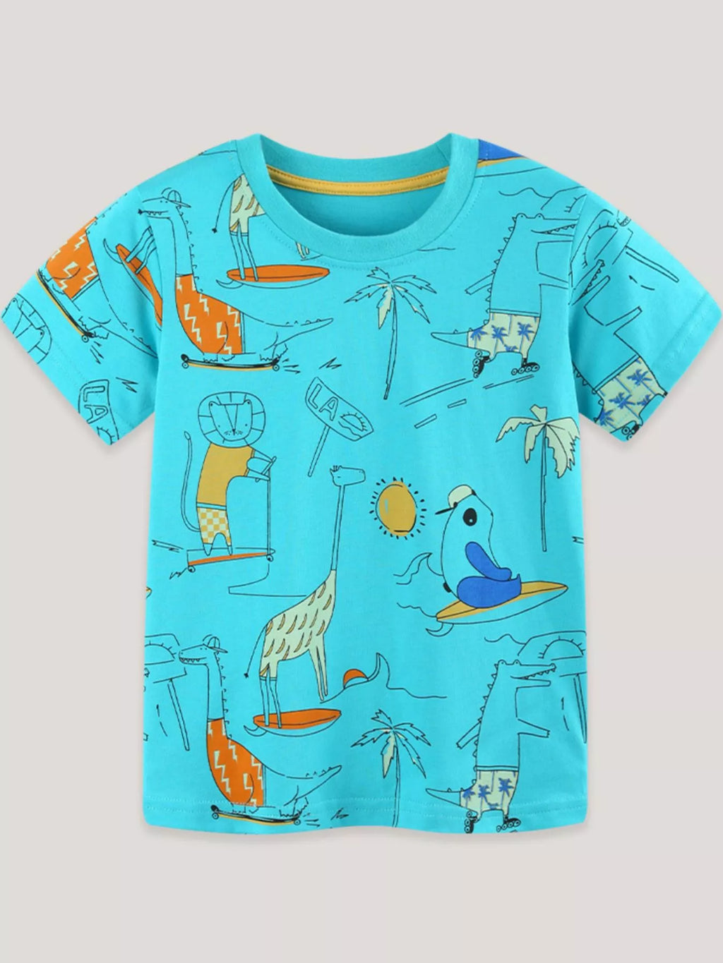 Cartoon Print Crew Neck Short Sleeve Tee in Aqua for Boys