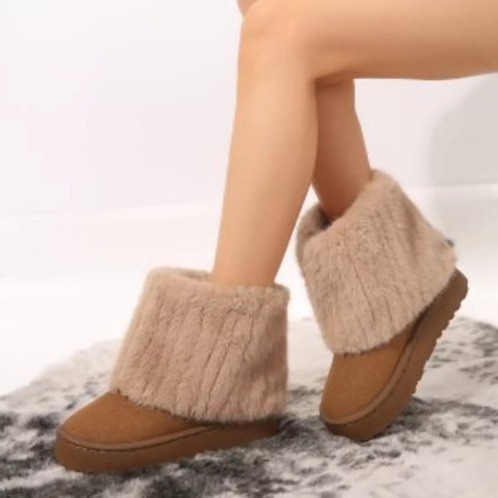 Fuzzy Round Toe Platform Boots in Camel for Women