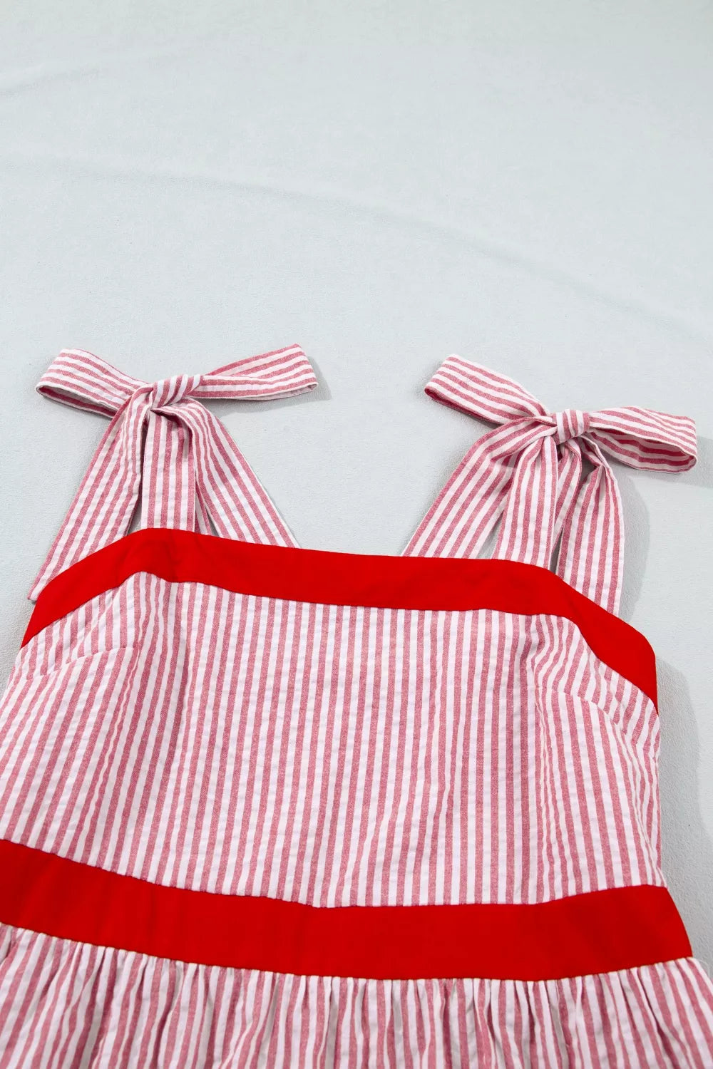 Stripe Bow Knot Straps Contrast Trim High Waist Ruffle Hem Maxi Dress for Women