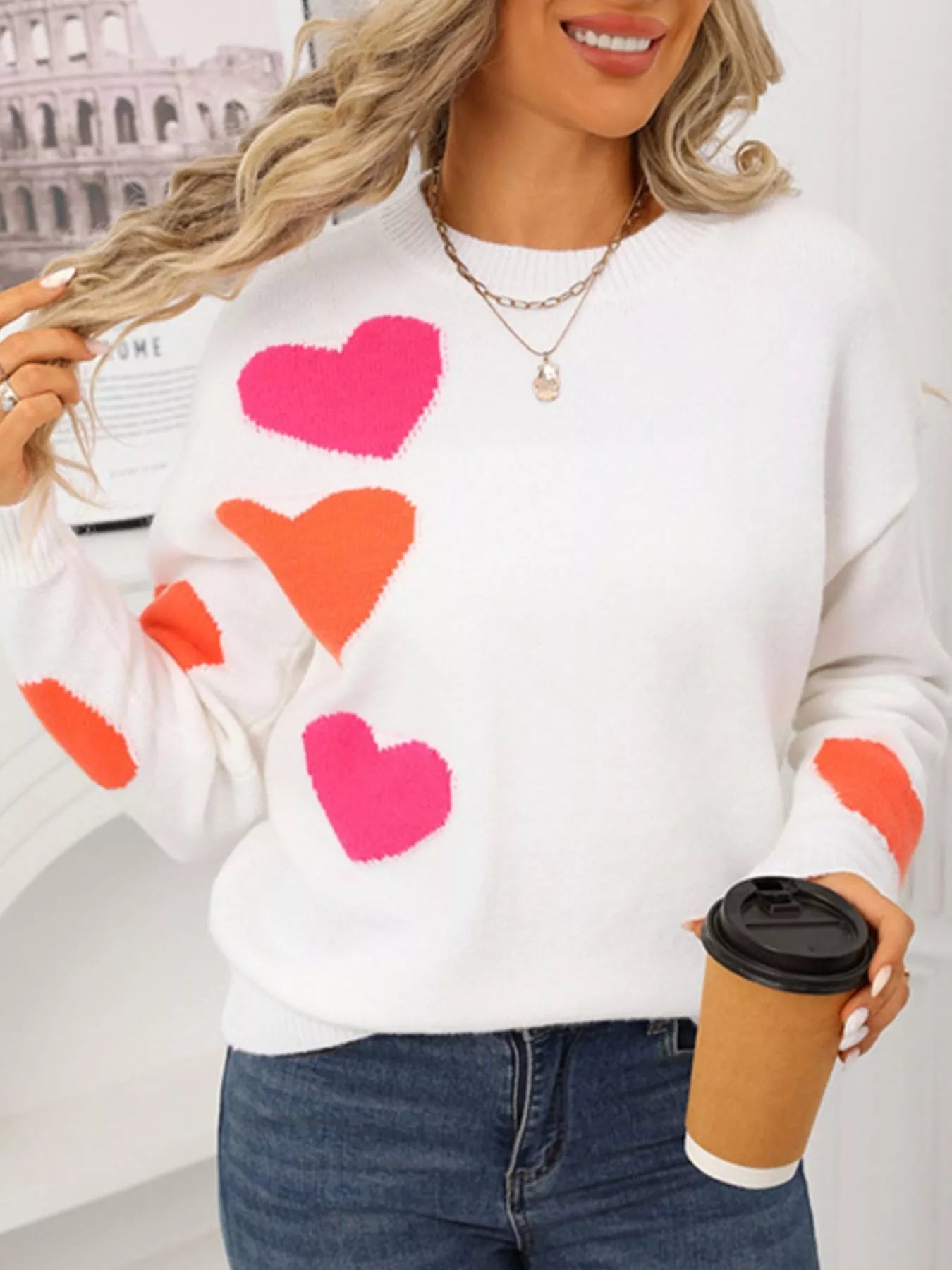 Valentines Day Heart Pattern Round Neck Sweater in Black for Women