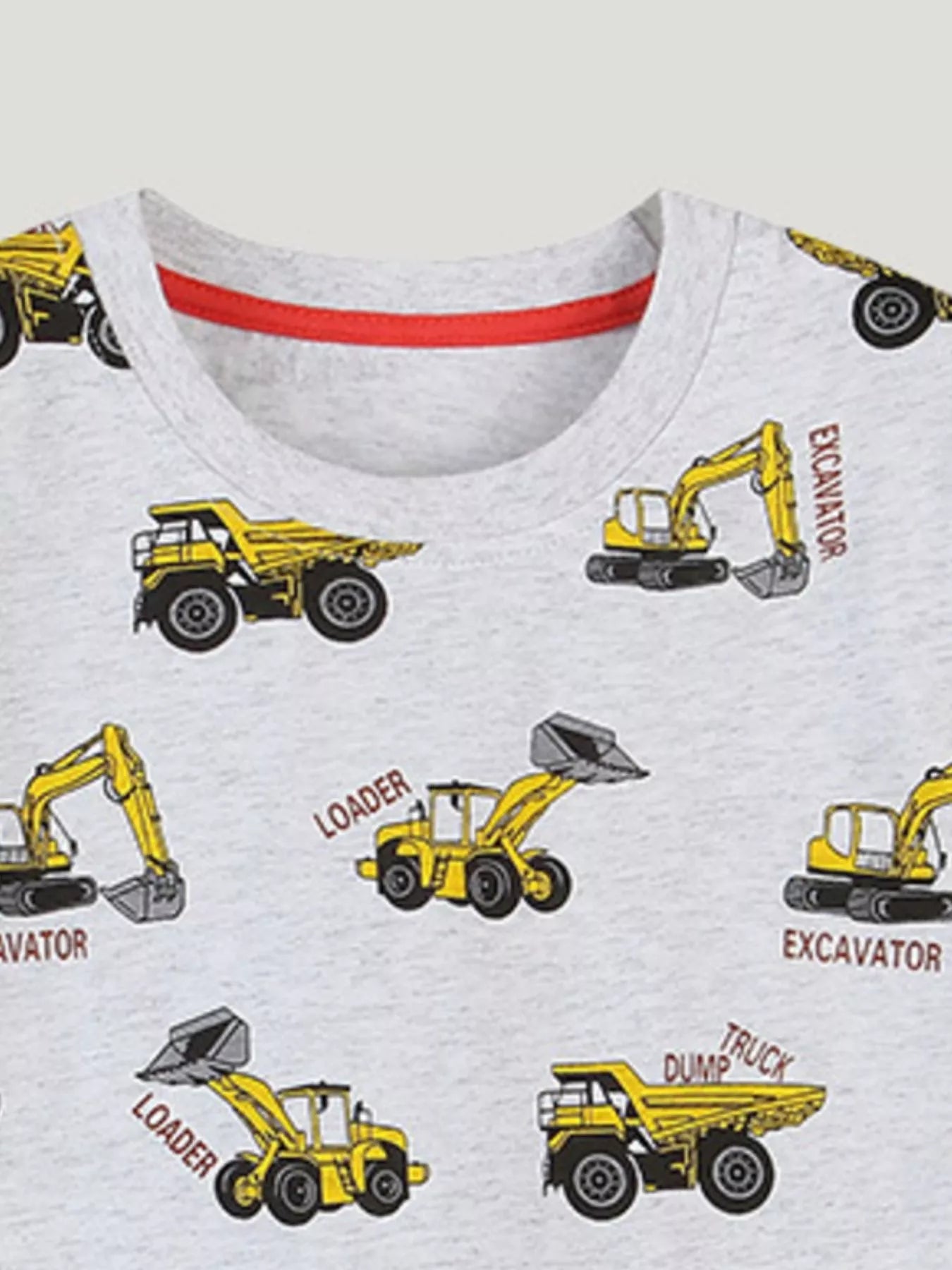 Construction Vehicle Print Crew Neck Short Sleeve T-Shirt in Gray for Boys