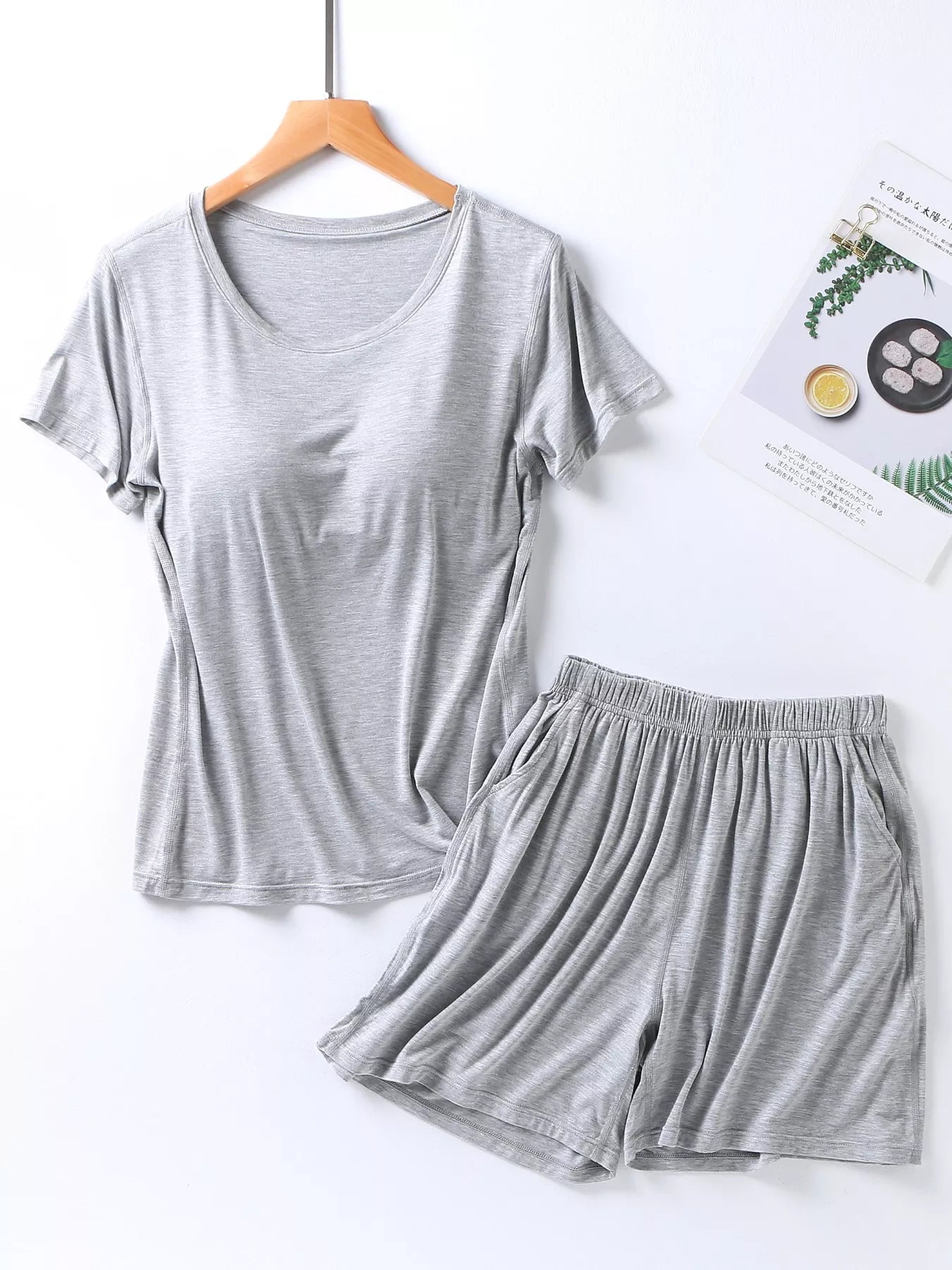 Plus Size Padded Round Neck Modal T-Shirt and Shorts Set in Advanced Gray for Women