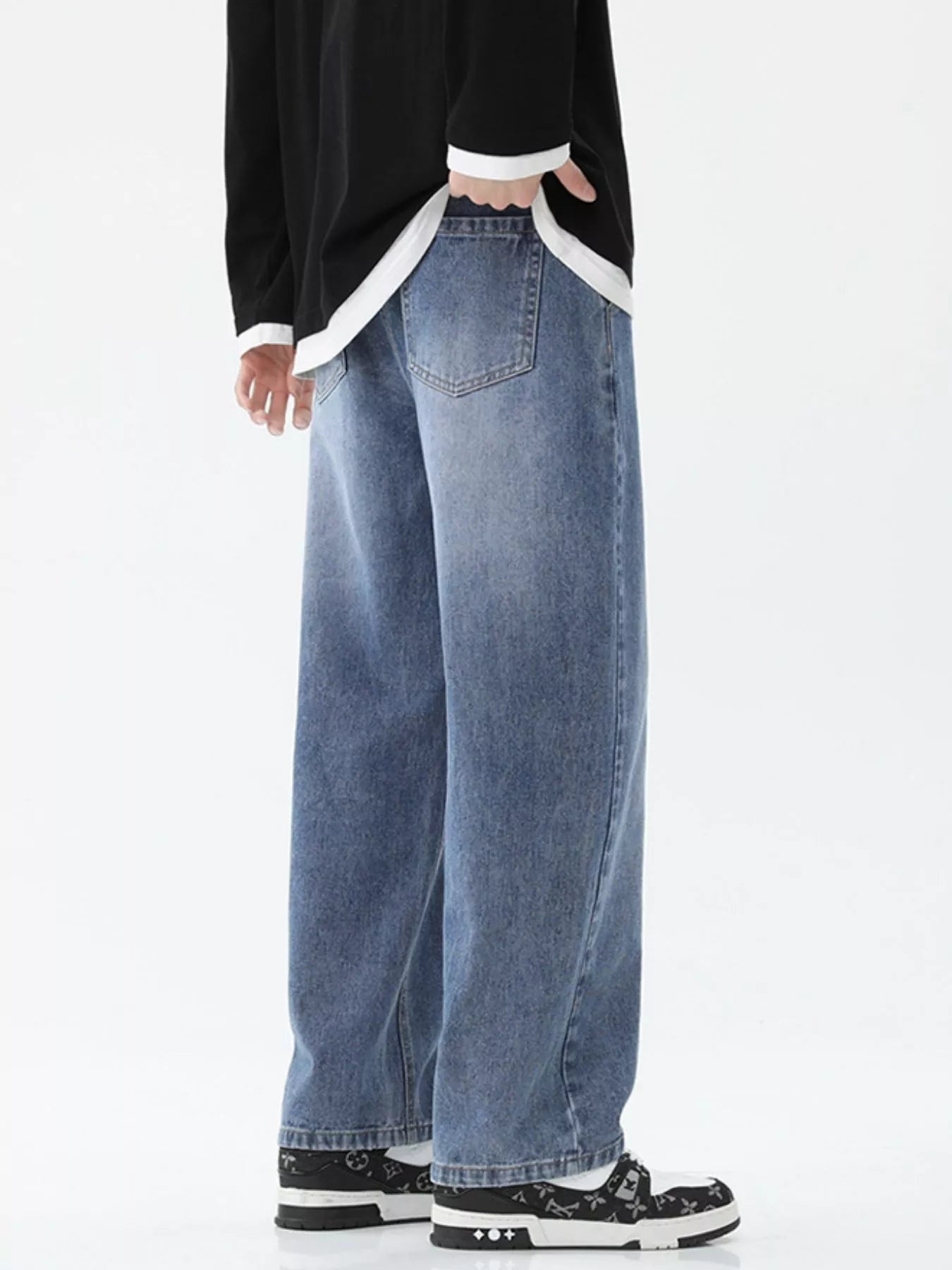 Drawstring Wide Leg Jeans Plus Size in Light Blue in Smoky Gray for Men